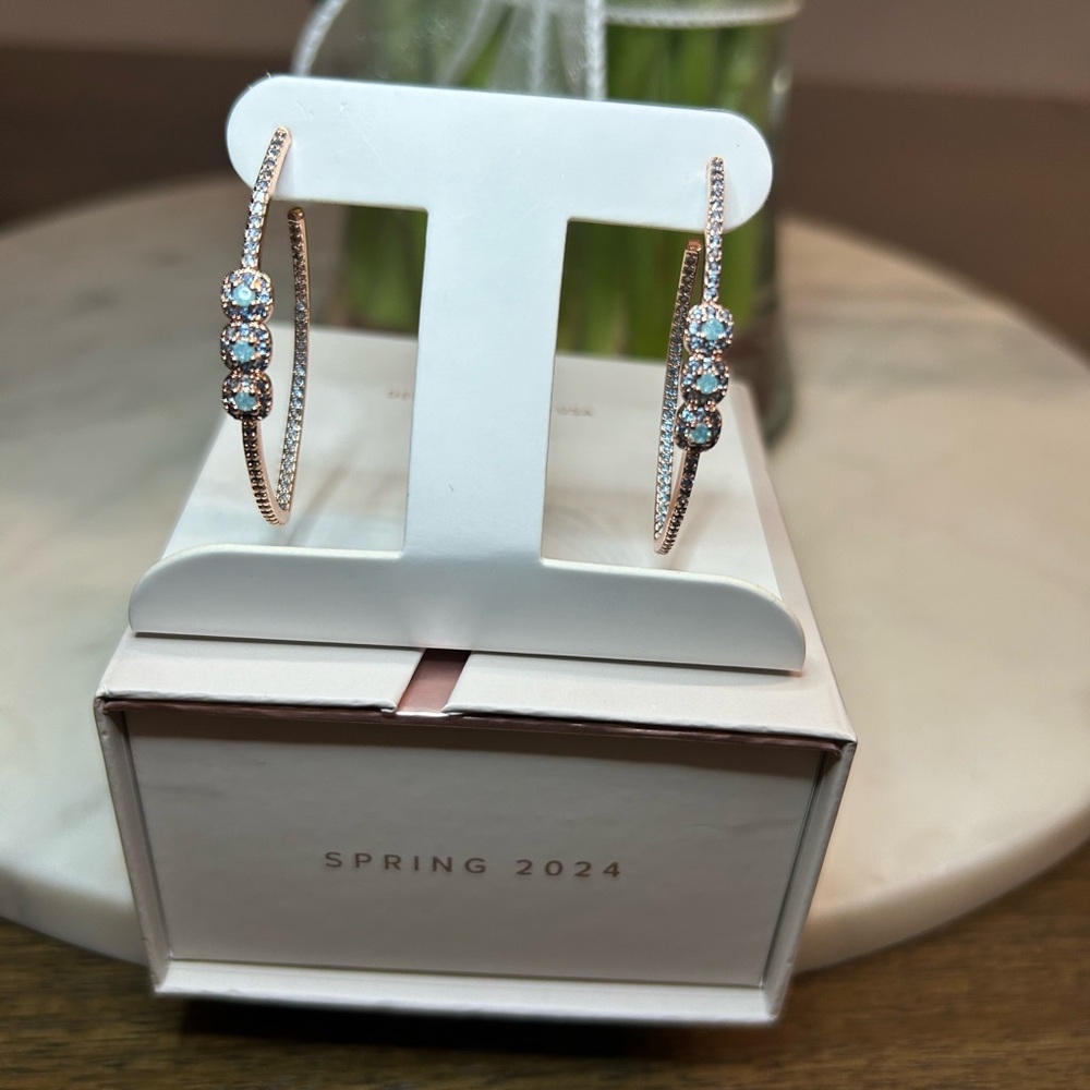 Rose gold hoop earrings with aquamarine ice crystal